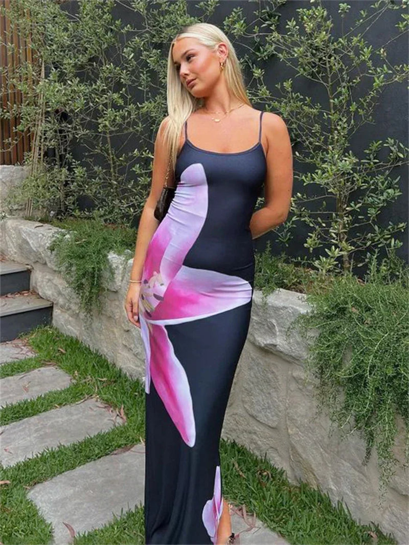 Spaghetti Strap Lily Floral Slip Dress Summer Casual Printed Maxi Dresses Backless Bodycon Slim Boho Long Sundress 2023