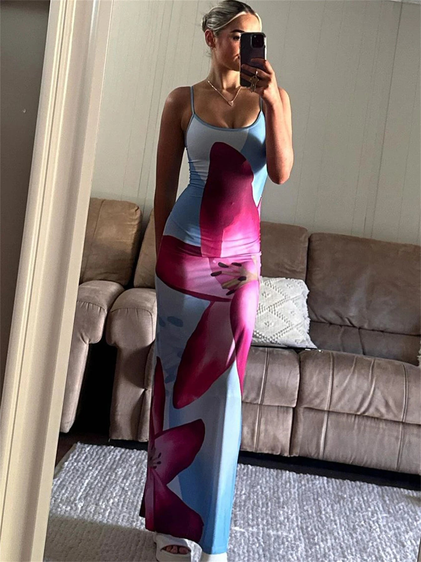 Spaghetti Strap Lily Floral Slip Dress Summer Casual Printed Maxi Dresses Backless Bodycon Slim Boho Long Sundress 2023