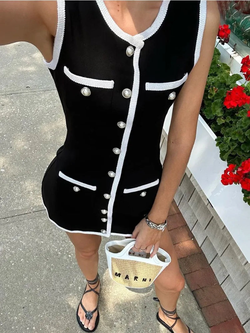 Sleeveless Patchwork Elegant Mini Dress for Women Knit High Waist Pocket Contrast Cardigan Dress Knitwear Fashion Dress
