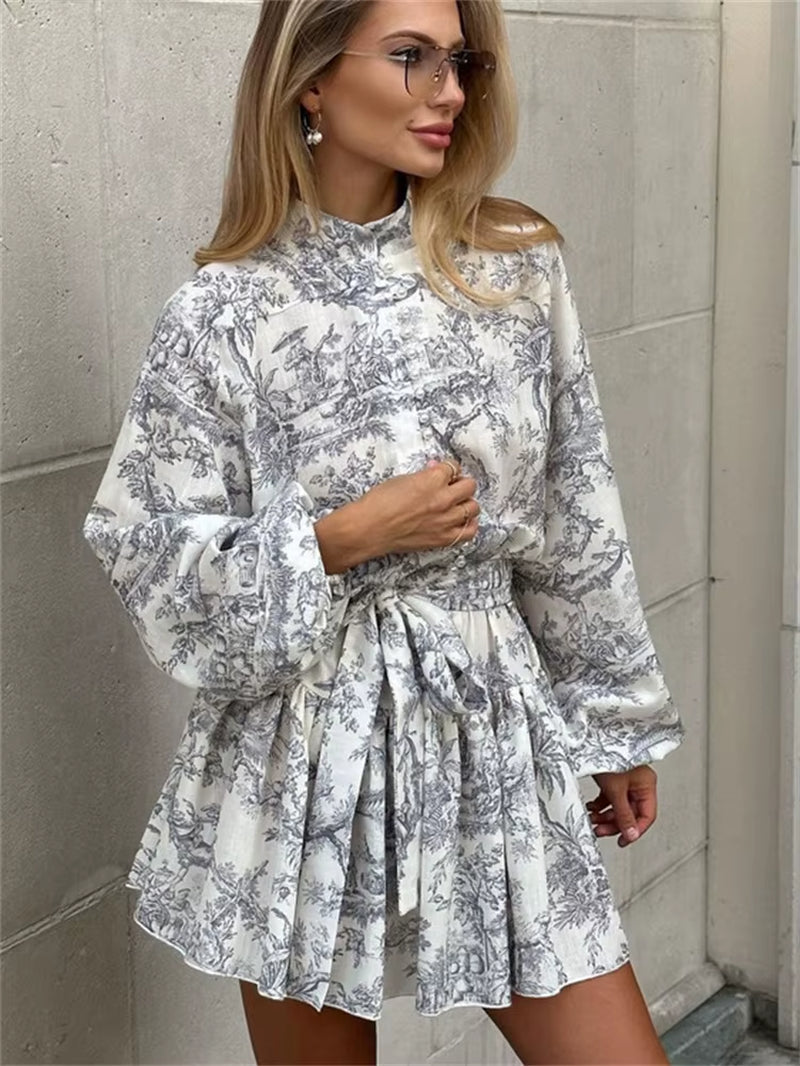 Vintage Printed Lace-Up Mini Dress for Women Fashion Ruffled Pleated Dress Bandage Long Sleeve High Street Women'S Dress