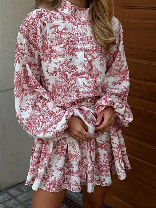 Vintage Printed Lace-Up Mini Dress for Women Fashion Ruffled Pleated Dress Bandage Long Sleeve High Street Women'S Dress