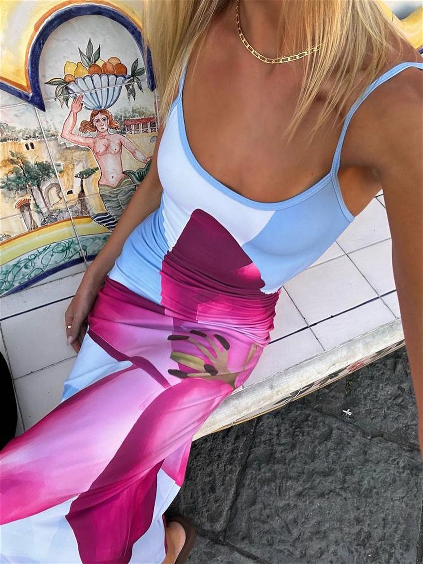 Spaghetti Strap Lily Floral Slip Dress Summer Casual Printed Maxi Dresses Backless Bodycon Slim Boho Long Sundress 2023