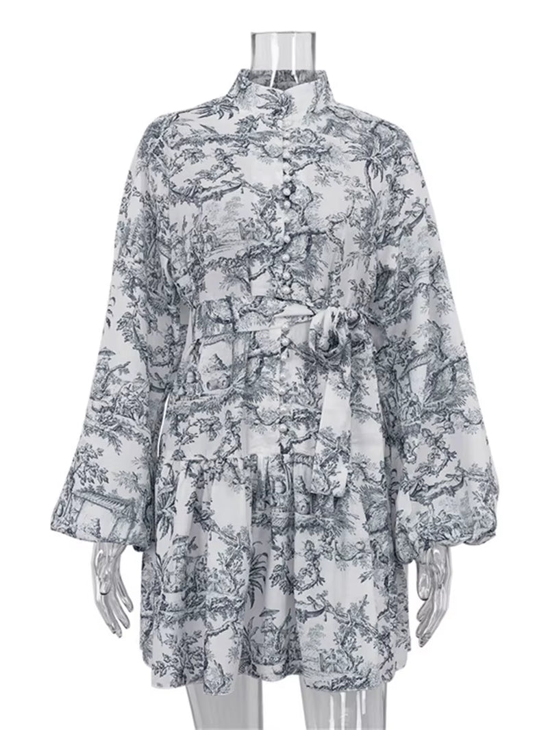 Vintage Printed Lace-Up Mini Dress for Women Fashion Ruffled Pleated Dress Bandage Long Sleeve High Street Women'S Dress