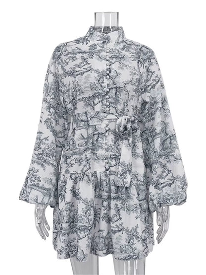 Vintage Printed Lace-Up Mini Dress for Women Fashion Ruffled Pleated Dress Bandage Long Sleeve High Street Women'S Dress