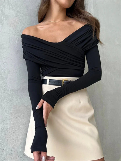 White See-Through Patchwork Jumpsuit for Women Pleated Slim Sexy High Waist Long Sleeve Off-Shoulder Rompers Streetwear