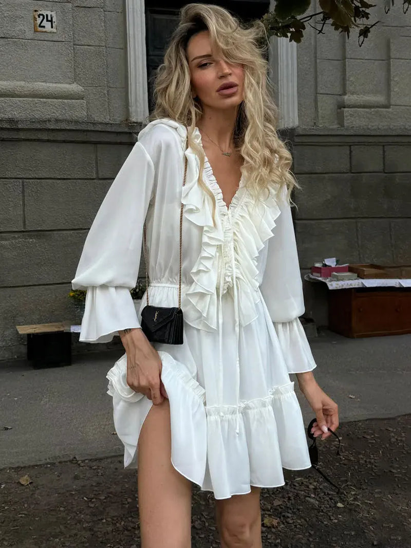 Ruffled V-Neck White Mini Dress Female Patchwork Long Sleeve Elegant Bandage Fashion Dress High Waist Lace-Up Women Dress