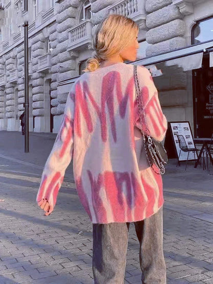 New Tie-Dye Knit Women'S Oversize Sweater Pullovers Long Sleeve Y2K Casual 2025 Streetwear Loose Pull Femme Jumper