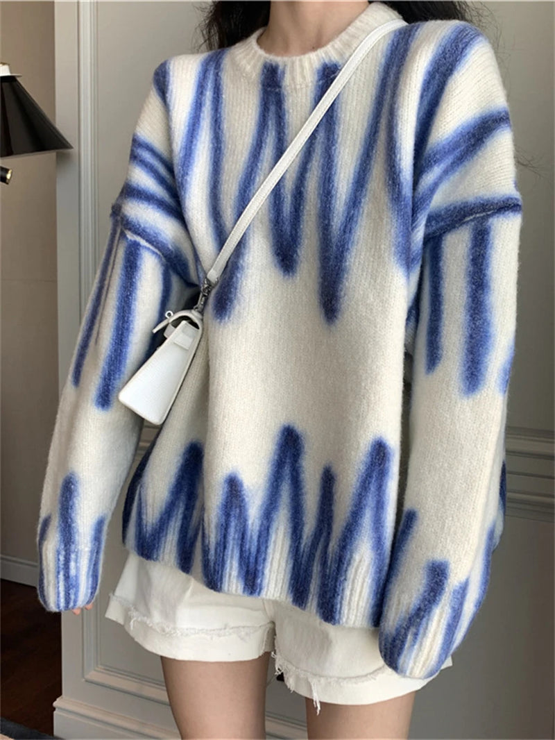 New Tie-Dye Knit Women'S Oversize Sweater Pullovers Long Sleeve Y2K Casual 2025 Streetwear Loose Pull Femme Jumper