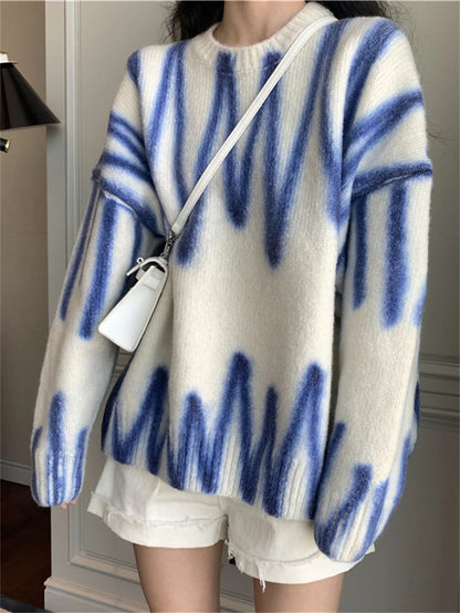 New Tie-Dye Knit Women'S Oversize Sweater Pullovers Long Sleeve Y2K Casual 2025 Streetwear Loose Pull Femme Jumper